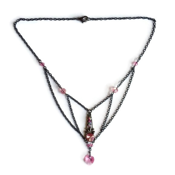 Repurposed Express Pink & Gunmetal Chain Necklace - Picture 2 of 4